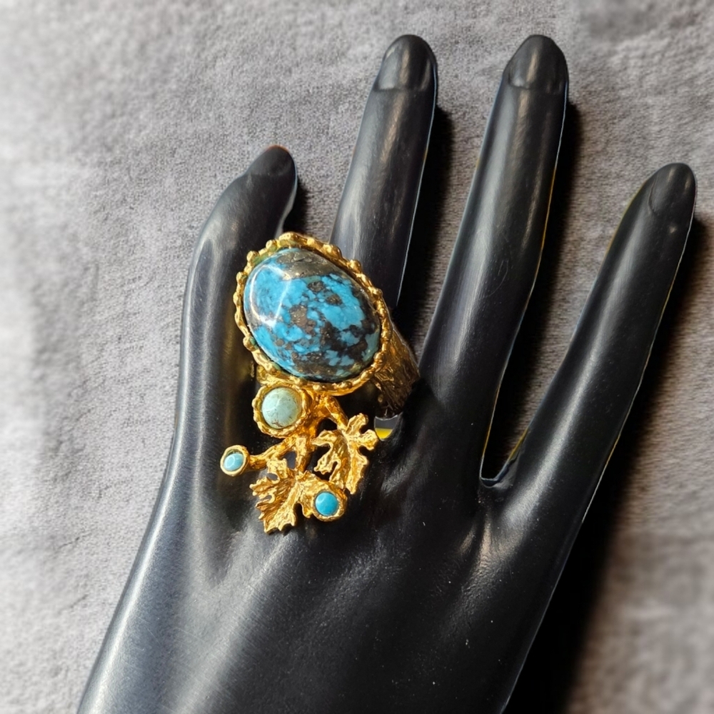 24k Gold Plated Artisan Turquoise Leaf Twig Free Form Massive Statement Ring - Picture 6 of 7